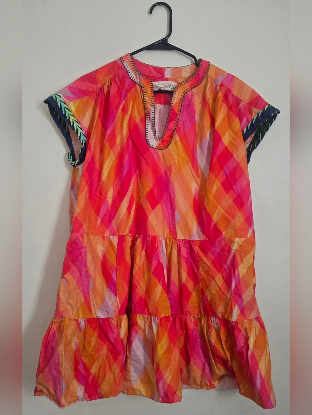 SALONI Bright Pink Orange Geometric Mini Dress Size 6 Colorful Beach Vacation